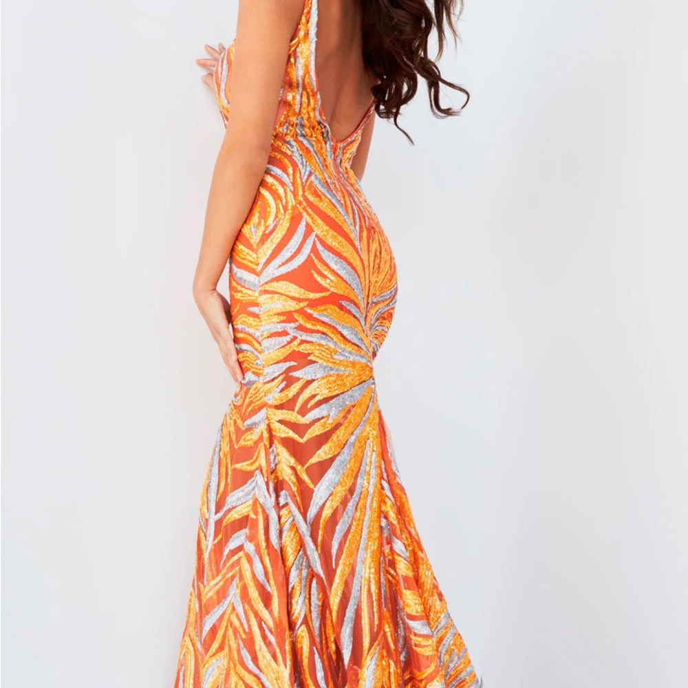 Jovani Vibrant Orange and Silver Backless Dress